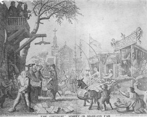 Der Markt des Chevaliers oder der Hochlandjahrmarkt, veröffentlicht von George Bickham dem Jüngeren