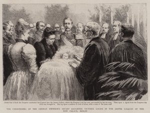 Die Taufe der Tochter des deutschen Kaisers, Victoria Louise, in der Jaspisgalerie des Neuen Palastes, Berlin (Gravur) von English School