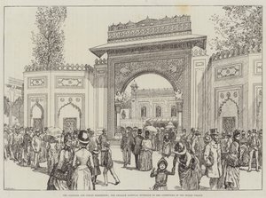 Die Kolonial- und Indien-Ausstellung, das Gwalior-Tor, Eingang zum Innenhof des indischen Palastes (Gravur)