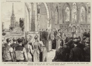 Die Weihe der neuen englischen Kirche St Alban in Kopenhagen in Anwesenheit des Prinzen und der Prinzessin von Wales und der dänischen Königsfamilie (Gravur) von English School