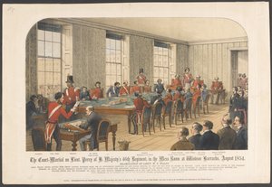 Das Kriegsgericht von Leutnant Perry des 46. Regiments Ihrer Majestät im Speisesaal der Windsor-Kaserne, August 1854