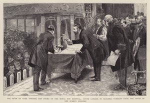 Der Herzog von York öffnet die Türen des Royal Eye Hospital, South London, durch elektrischen Strom von der Bühne des Surrey Theatre