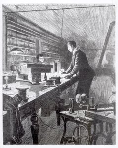 Das elektrische Licht, Mr. Edison (1847-1931) in seinem Labor von English School