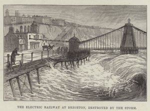 Die elektrische Eisenbahn in Brighton, zerstört durch den Sturm (Stich) von English School