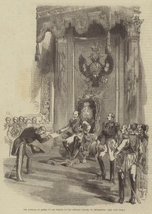 Der Kaiser von Russland auf seinem Thron im Kaiserpalast, St. Petersburg von English School