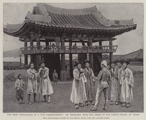 Die ersten Schwierigkeiten eines Kriegsberichterstatters, ein Interview mit den Chefs der koreanischen Polizei in Fusan (Lithografie)