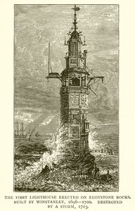 Der erste Leuchtturm auf den Eddystone-Felsen. Gebaut von Winstanley, 1696-1700, zerstört durch einen Sturm, 1703