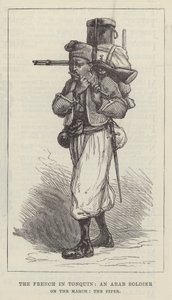 Die Franzosen in Tonkin, ein arabischer Soldat auf dem Marsch, der Pfeifer (Gravur) von English School