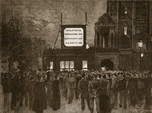Die Parlamentswahl von 1892: Bekanntgabe der Ergebnisse im National Liberal Club, Illustration aus Cassells Illustrierter Geschichte Englands