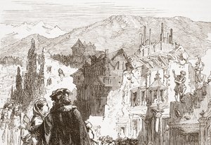 Die Genfer zerstören die Vororte ihrer Stadt, Illustration aus Die Geschichte des Protestantismus von James Aitken Wylie, veröffentlicht 1878