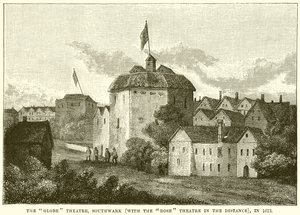 Das Globe Theatre, Southwark (mit dem Rose Theatre in der Ferne), im Jahr 1613