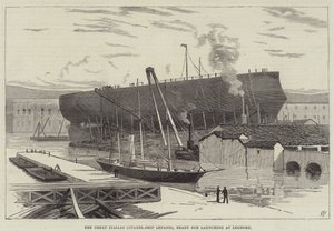 Die große italienische Zitadellenschiff Lepanto, bereit zum Stapellauf in Livorno (Gravur) von English School
