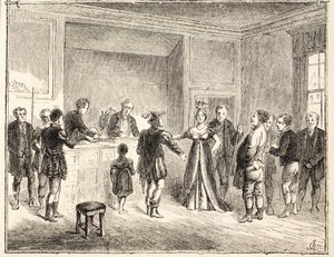 Die Hand und die Scheren, ein Fall vor dem Pie-Poudre-Gericht, nach einer Zeichnung von 1811 von English School