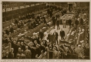Die historische Szene im Unterhaus, als das Militärdienstgesetz seine dritte Lesung passierte, 1914-19