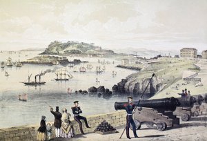 Der Hoe, Drakes Island und Mt Edgecumbe von der Zitadelle, veröffentlicht von Newman und Co von English School