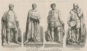 Der Holborn-Viadukt: Historische Steinfiguren auf den Häusern der Farringdon Street Bridge von English School
