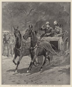 Das häusliche Leben des verstorbenen Präsidenten, eine Fahrt mit Mrs. McKinley (Lithografie) von English School