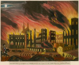 Die Häuser von Lords und Commons, wie sie am 16. Oktober 1834 in Flammen standen