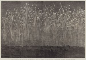 Das internationale Marinefest in Portsmouth, Raketenflug und Beleuchtung der alliierten Flotten bei Spithead (Gravur) von English School