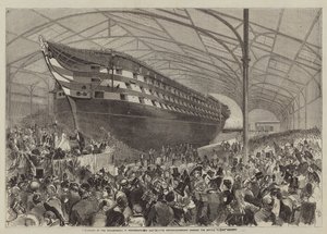 Der Stapellauf der Marlborough in Portsmouth am 31. Juli, der Meisterschiffbauer überreicht Ihrer Majestät die Flasche von English School