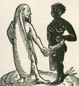 Der Langohrige Mann schimpft mit seinem Diener. Langohrige Männer sollen in Afrika gelebt haben. Es wurde gesagt, dass sie auf einem Ohr liegend schlafen und das andere als Decke benutzen. Aus The Strand Magazine, veröffentlicht 1897.