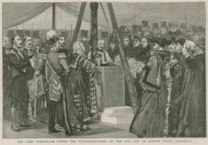 Der Lordkanzler legt den Grundstein des neuen City of London Court, Guildhall von English School