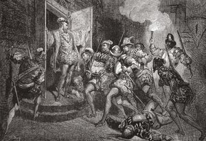 Das Massaker von St. Bartholomäus: Angriff auf Colignys Unterkunft, Illustration aus Die Geschichte des Protestantismus von James Aitken Wylie, veröffentlicht 1878