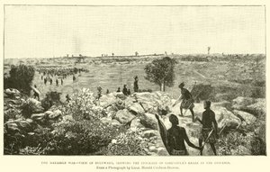 Der Matabele-Krieg, Blick auf Buluwayo, zeigt die Palisade von Lobengulas Kraal in der Ferne