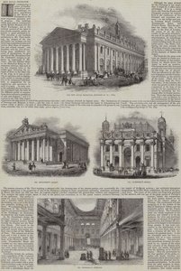 Die Neue Royal Exchange, London, mit alternativen Entwürfen (Gravur) von English School