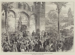 Die Besetzung von Zypern, griechische Priester segnen die britische Flagge in Nikosia (Gravur) von English School