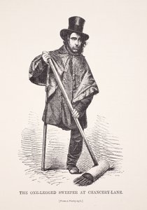 Der einbeinige Straßenkehrer in der Chancery Lane, nach einem Foto, Illustration aus London Labour and London Poor von Henry Mayhew, veröffentlicht 1862