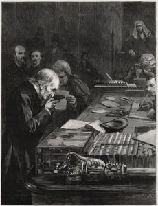 Die Eröffnung des Parlaments, 31. Januar 1893, Mr. William Ewart Gladstone, unterstützt von Mr. Marjoribanks und Mr. H. Gladstone, legt den Eid ab. Illustration für The Graphic