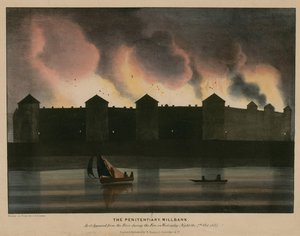 Das Zuchthaus, Millbank, London, wie es während des Feuers in der Nacht des 7. Oktober 1835 vom Fluss aus erschien