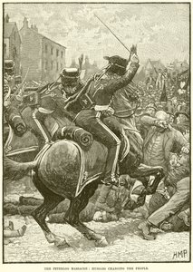 Das Peterloo-Massaker: Husaren greifen das Volk an von English School