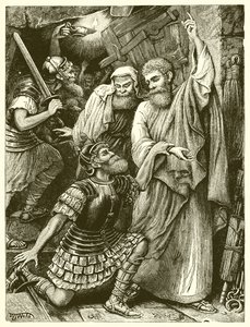Der Gefängniswärter von Philippi vor Paulus und Silas von English School