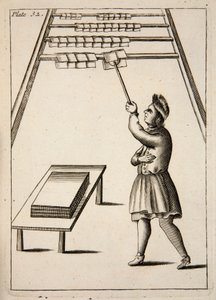 Der Drucker beim Aufhängen von Papier, veröffentlicht 1683 (Gravur) von English School