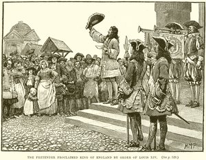 Der Prätendent wird auf Befehl von Ludwig XIV. zum König von England ausgerufen von English School