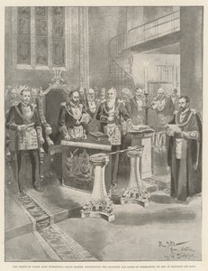 Der Prinz von Wales, höchst ehrwürdiger Großmeister, konstituiert die Chancery Bar Lodge der Freimaurer, Nr. 2456, in der Lincoln