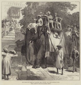 Der Prinz von Wales auf dem Parbutty Hill, Poonah, sein erster Elefantenritt (Stich) von English School