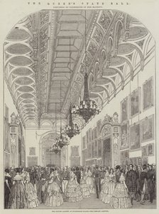 Der Staatsball der Königin, die Bildergalerie im Buckingham Palace, die ankommenden Gäste (Stich) von English School