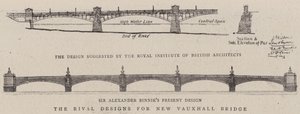 Die rivalisierenden Entwürfe für die neue Vauxhall-Brücke (Gravur) von English School