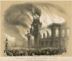 Die Royal Exchange, London, in der Nacht des 10. Januar 1838 durch Feuer zerstört