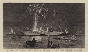 Die Regatta des Royal Yacht Squadron in Cowes, die Yacht "Osborne" des Prinzen von Wales beleuchtet von English School