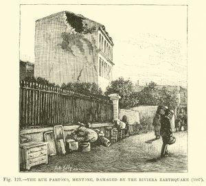 Die Rue Partono, Mentone, beschädigt durch das Riviera-Erdbeben 1887 von English School