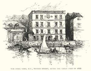 The Steel Yard, Thames Street, nach dem großen Brand von 1666 (Stich) von English School