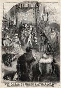 Der Prozess von Königin Katharina von Aragon im Jahr 1529, die erste Frau von Heinrich VIII., deren Ehe mit dem König annulliert wurde - Gravur aus „Geschichte Englands“ von Cassell Petter & Galpin von English School