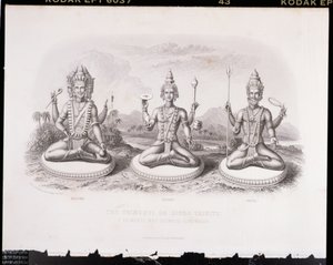 Die Trimurti oder Hindu-Trinität, graviert von A. Thorn, aus Weltreligion, veröffentlicht von A. Fullarton & Co.