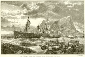 Die Victory wird nach der Schlacht von Trafalgar nach Gibraltar geschleppt
