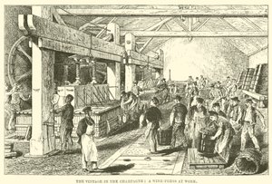 Die Weinlese in der Champagne: Eine Weinpresse bei der Arbeit (Stich) von English School