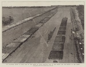 Die Freiwilligenüberprüfung im Hyde Park durch den Prinzen von Wales, Vogelperspektive des Geländes und der Position der Truppen (Gravur) von English School